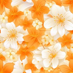 Fototapeta na wymiar Beautiful and vibrant freesia flower blooms in a seamless pattern, top view with soft pastel colors