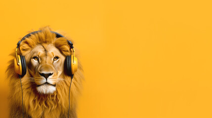 Fluffy lion listening to music with headphones on an orange background - obrazy, fototapety, plakaty