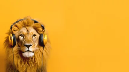 Wandcirkels tuinposter Fluffy lion listening to music with headphones on an orange background © Daria17