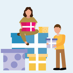 People receive gift boxes, Holiday concept with characters, Man and woman family holding gift box. flat vector illustration.