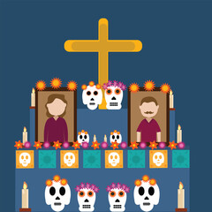 Celebrate Mexican holiday festival Dia de los muertos, Day of the dead, poster of skull, candle, and maracas.