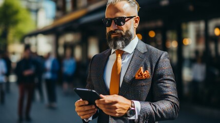 Stylish businessman with smartphone in an urban setting. A modern concept of successful communication, technology, and professional confidence