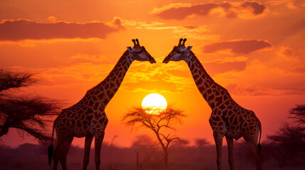 Illustration of Two giraffes standing against a warm and vibrant sunset. Silhouetted savannah...