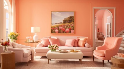 interior of the fashionable Apricot Crush room is peach-orange. Design of a living room with a sofa, indoor plants, paintings, lamp