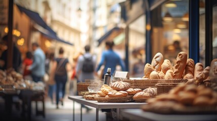 Close up view of a bakery shop amidst a bustling street with blurred tourists in the background, symbolizing the essence of travel, vacation, and holiday. - Powered by Adobe