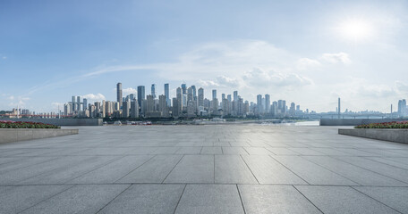 Empty brick floor and skyline of Chongqing city center in China