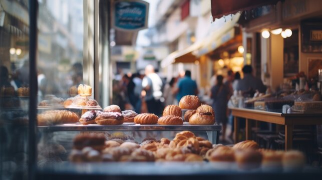 Close up view of a bakery shop's fresh bread with blurred tourists in the background, depicting the travel concept of vacation and holiday.