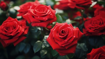 Close-up of red roses in full bloom, showcasing their elegance, intimacy, romance, and delicate beauty in their natural habitat.