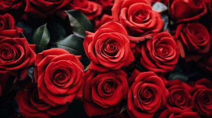 Close-up of vibrant red roses in full bloom, showcasing their natural beauty and creating an elegant, intimate, and romantic atmosphere.