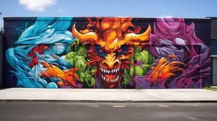 Colorful and vibrant graffiti artwork on a street wall in the Wynwood area of Miami, Florida.