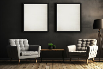 Explore a modern interior setting with an empty two vertical picture frame, showcasing elegance against a dark classic wall, sofa, and stylish furniture backdrop