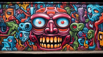 Colorful graffiti artwork on city wall showcasing street art.