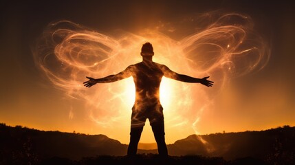 Silhouette Engulfed in Energy Fields at Sunset. The silhouette of a person stands with arms outstretched, encompassed by swirling energy fields, against the backdrop of dramatic sunset. - obrazy, fototapety, plakaty