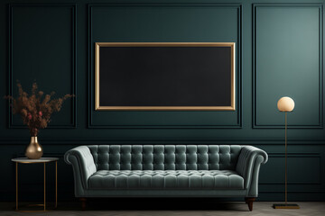 Explore a modern interior setting with an empty vertical picture frame, showcasing elegance against a dark classic wall, sofa, and stylish furniture backdrop