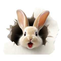 easter bunny peeps out of hole. rabbit out of hole isolated on transparent
