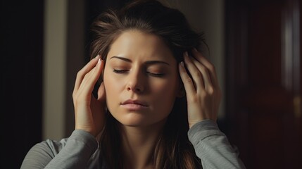 Woman Practicing Stress Relief with Head Massage. A woman appears to be relieving stress with a self-administered head massage, eyes closed and focused on relaxation, dark background. - obrazy, fototapety, plakaty