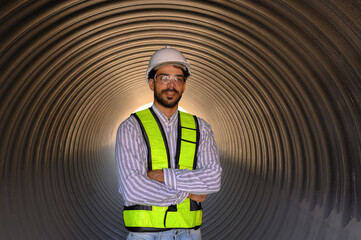 Smart engineer with safety suit holding walkie-talkie inspecting large power system pipeline.

