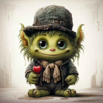 Duendecillo verde de orejas puntiagudas con sombrero y bufanda por de San Patricio, con un coraz&oacute;n rojo, visto de frente, suerte y fortuna para quien lo recibe, tarjeta regalo, ilustraci&oacute;n vintage
