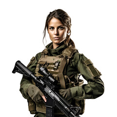 In military uniform with gun, soldier, woman of USA army, Isolated on Transparent Background, PNG - obrazy, fototapety, plakaty
