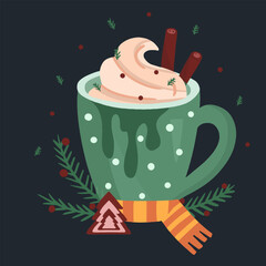 Christmas mug with creamy drink. Christmas mug with hot drink coffee, chocolate. Hand drawn Christmas coffee mug in flat style.