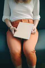 A serene image capturing a woman with a notebook on her lap, reflecting a moment of calm and simplicity in soft peach hues
