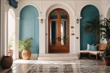 Interior design of greek island-style entrance hall with doorway