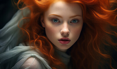 Fototapeta premium Redheaded Young Woman with Ethereal Gaze Wrapped in Sheer Fabric on a Moody Gray Background