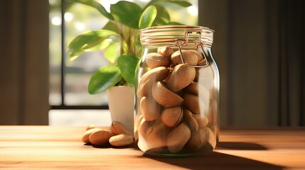 Glass jar with tasty pistachios on wooden table indoors, closeup