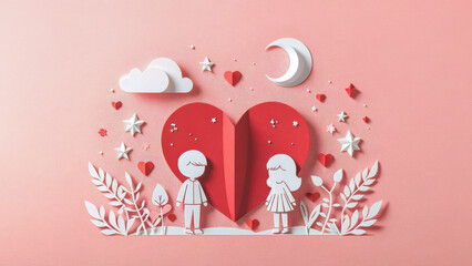 Valentine's Day paper cut style with couples giving love and hearts to each other. Romantic valentine's day background.