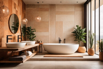 Fototapeta na wymiar Interior design of modern bathroom with sandstone wall and rustic decor pieces