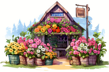 Fototapeta na wymiar Fairy tale tiny house surrounded by flowers