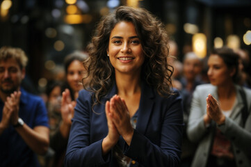 Successful woman surrounded by employees