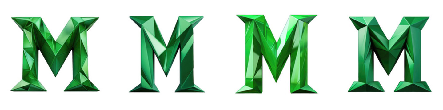 Green colored geometric polygonal alphabet, logotype, letter M isolated on a transparent background