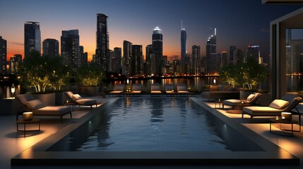 Obraz premium City skyline with a rooftop swimming pool. A modern and luxurious depiction of urban architecture, relaxation, and cityscape views