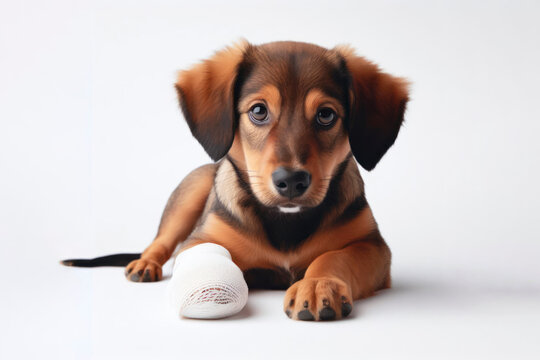 Photo of a Cute dog with a paw wrapped in a white bandage on a white background. ai generative