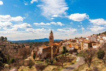 View of the village of Cortes de Arenoso, with the Church in the middle, in Castellón, Spain.