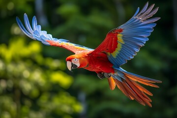 Scarlet macaw flying in nature 
