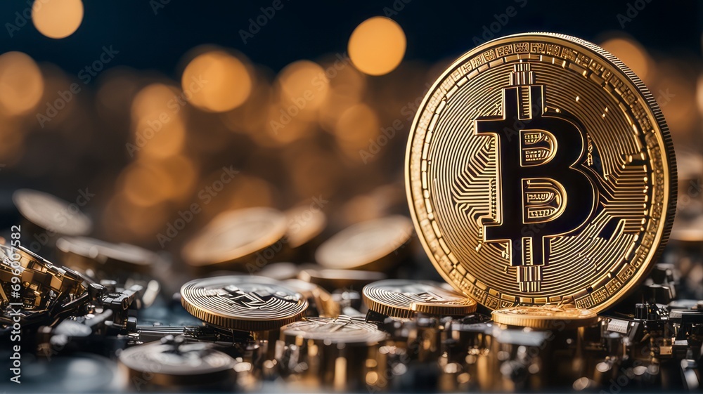 Poster Digital Bitcoin Currency is a new form of currency that uses blockchain technology. It is digital and makes cash transactions fast and secure.