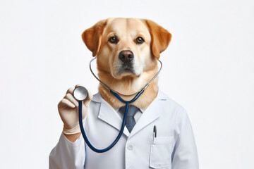 Photo of a stylish dog doctor wearing a medical gown with a stethoscope on white background. ai generative