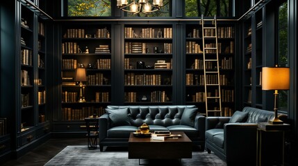 Library interior with vintage charm. An elegant portrayal of a classic home library, blending antique furniture with a love for literature