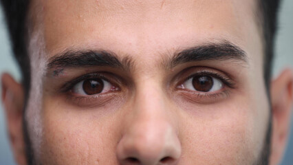 young beautiful man with brown eyes looks at the camera.