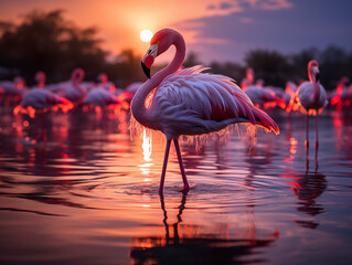 Crimson Dusk: Flamingos in the Sunset Glow
