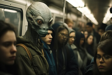 Tired alien passenger in the subway daily life rush hour