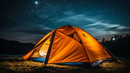 Starry night camping adventure. A captivating scene of a tent under a starry sky, blending nature, solitude, and the magic of the cosmos