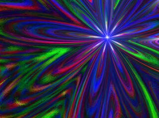 Abstrakcyjne tło, luminescencja. Fantazyjny kwiatowy kształt z rozświetlonym centrum w kolorystyce kobaltu, czerwieni i zieleni - obrazy, fototapety, plakaty