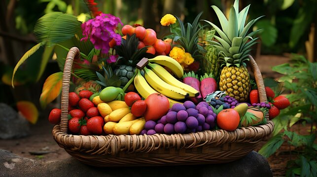 Assorted tropical fruits in a basket. A vibrant mix of exotic fruits, showcasing the richness of colors, flavors, and healthy choices
