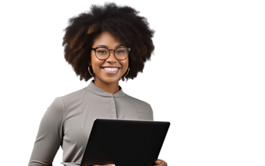Woman holding laptop computer typing on keyboard looking at camera, afro woman isolated on transparent background PNG