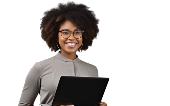 Woman holding laptop computer typing on keyboard looking at camera, afro woman isolated on transparent background PNG
