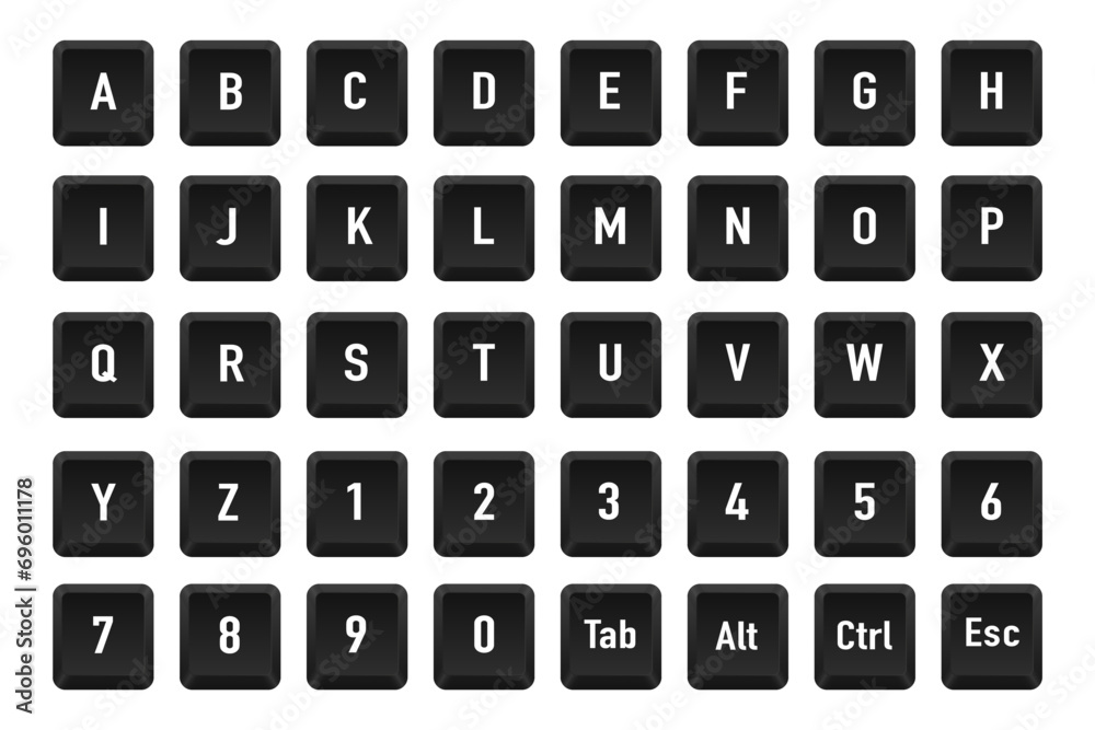 Poster modern key buttons for pc. black keyboard, isolated on white background. command set icons. computer