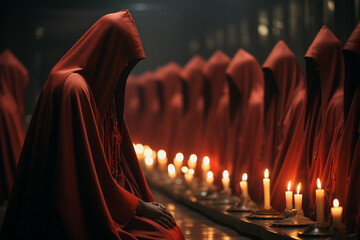 Secret society ceremony, people in hoods praying together. Members of sect perform the ritual in dark hall. Dark Religion and magical Occultism - obrazy, fototapety, plakaty